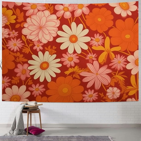 PRATYUS Boho Floral Tapestry Vintage Pink and White Flower Hippie Abstract Orange Tapestry Home Decor Wall Hanging for Living Room Bedroom Dorm 40x30inch