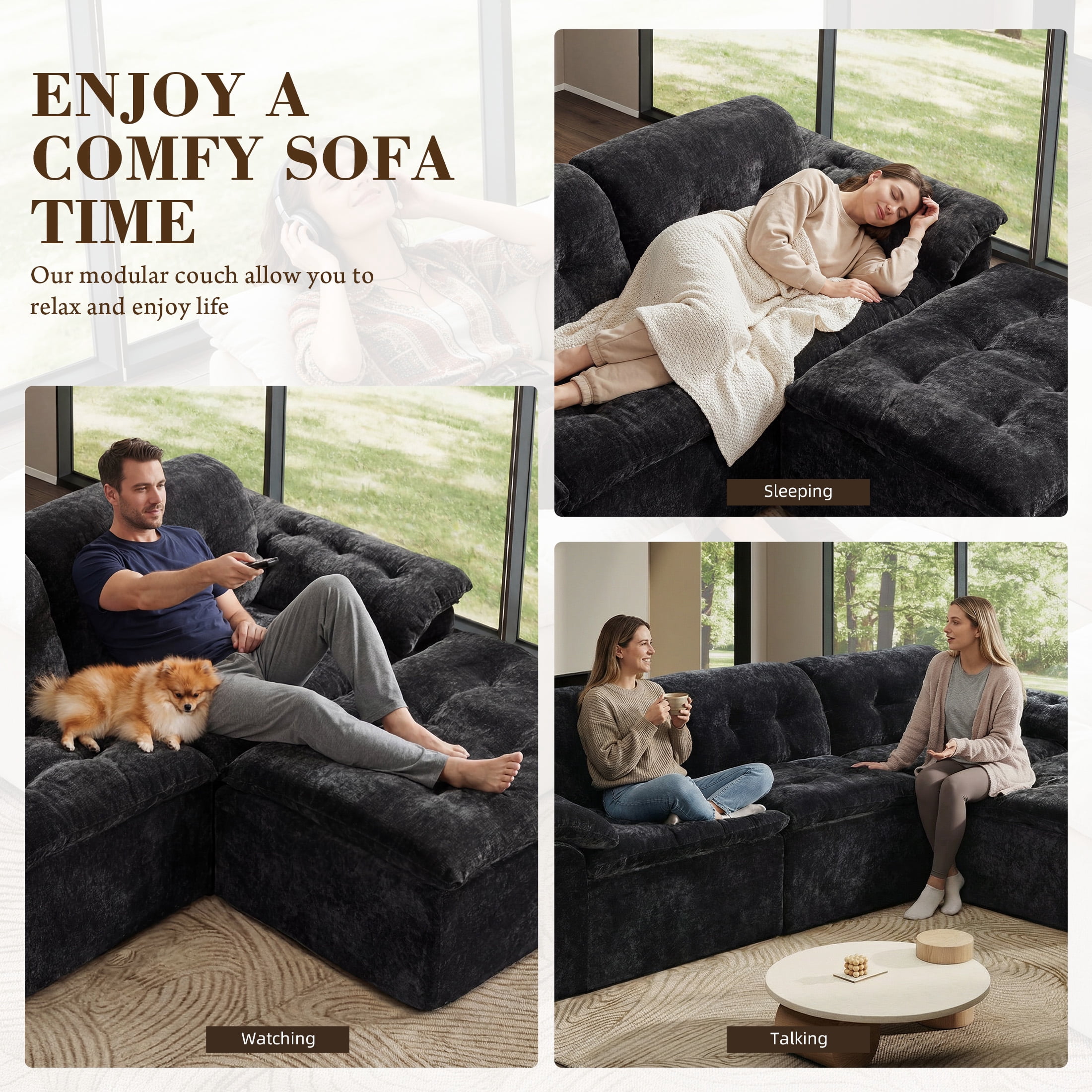Aukfa 4-Piece L-Shaped Modular Sectional Sofa with Ottoman for Living Room, Ice Flower Chenille, Black