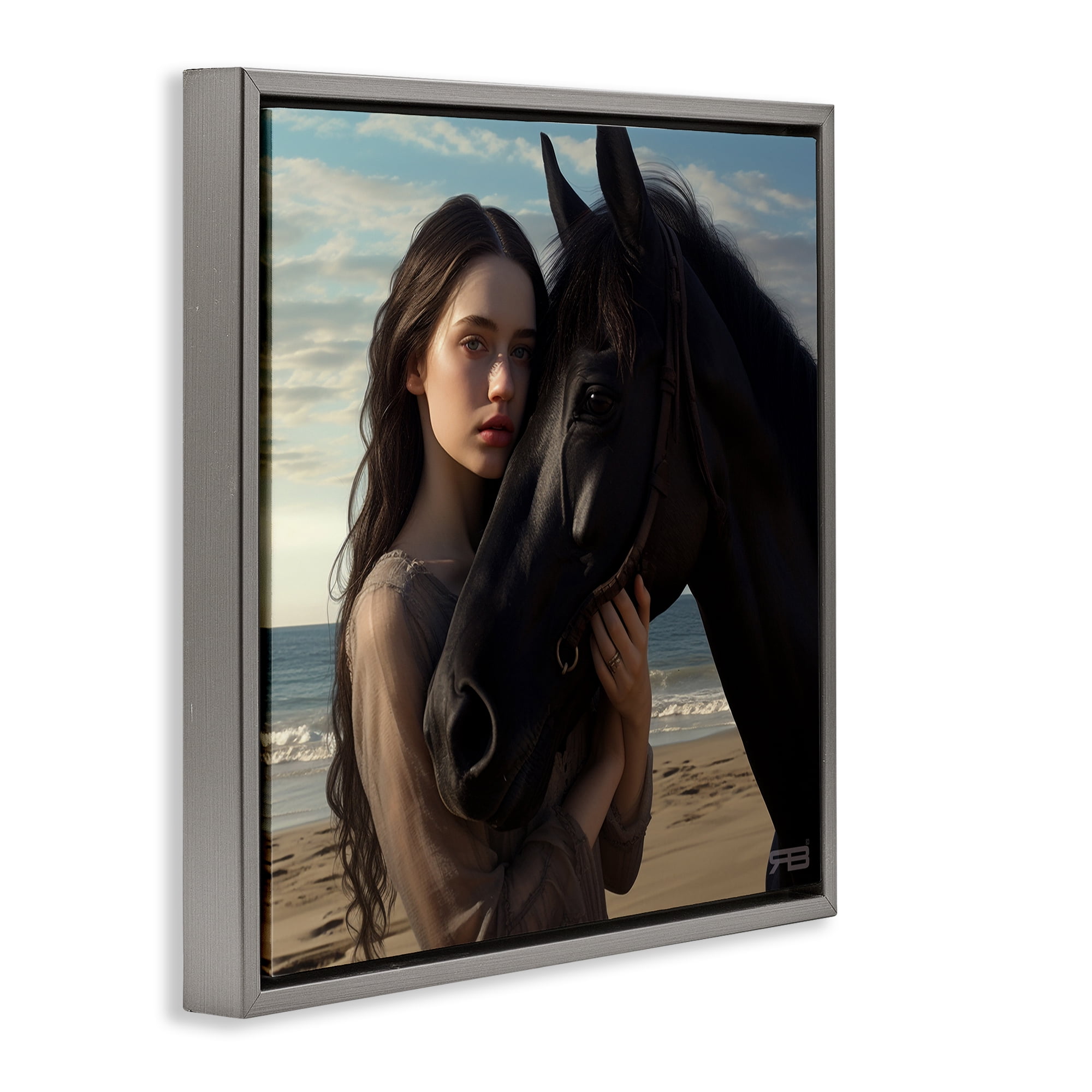 Stupell Industries Beautiful Girl & Stallion People Painting Gray Floater Framed Canvas Art Print Wall Art, 18 x 18