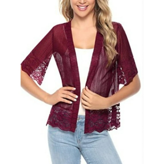 KelaJuan Womens Sheer Shrug Cardigan Casual Bolero Open Front Crochet Lace Half Sleeve Elegant Cover Up Sweater