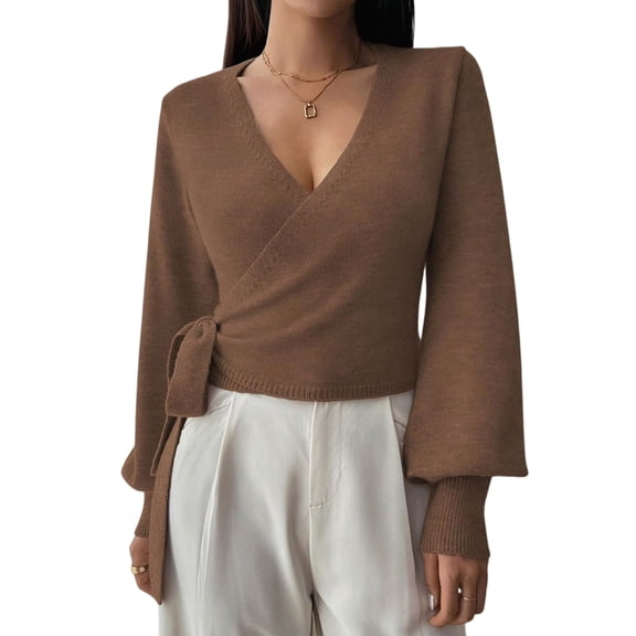 Women'S Casual V Neck Wrap Sweater Pullover Long Sleeve Slim Fit Knit Crop Top Sweater Coffee S