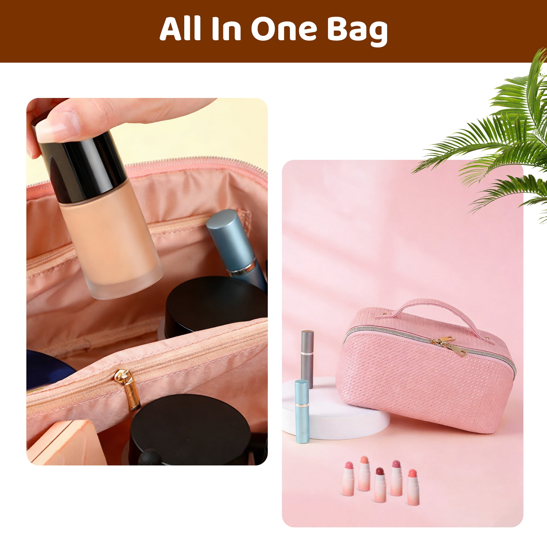 Large Capacity Makeup Bag, Travel Cosmetic Bag, PU Leather Cosmetic Makeup Bag with Handle, 180° Wide Opening Toiletry Bag for Travel, Portable Toiletry Bag for Skincare & Travel Essentials