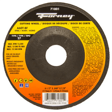 

Forney Industries Cut-Off Wheel Metal Type 27 4-1/2 in x .040 in x 7/8 in 5 PK