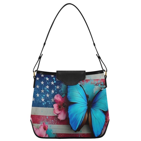 ALAZA Women Hobo Shoulder Handbag Flag Butterfly Flower Print Tote Bag Large Capacity Purse