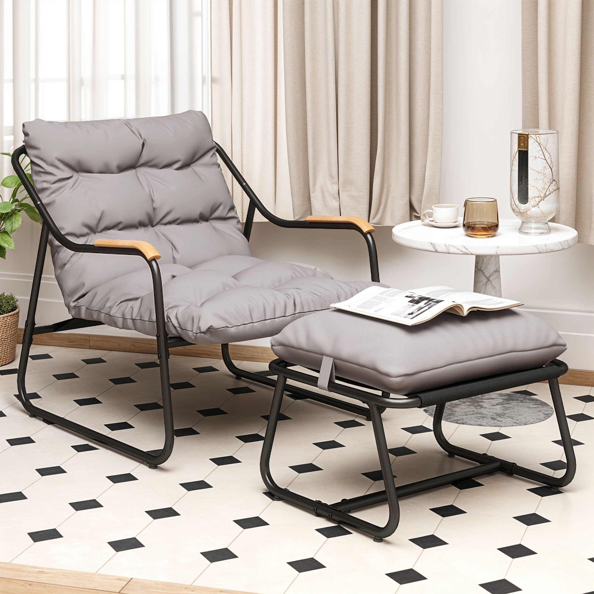 Uforic Patio Outdoor Lounge Chair with Ottoman, Comfy Sling Recliner Set, Textilene Papasan Chair with Puffy Cushion, Dark Gray
