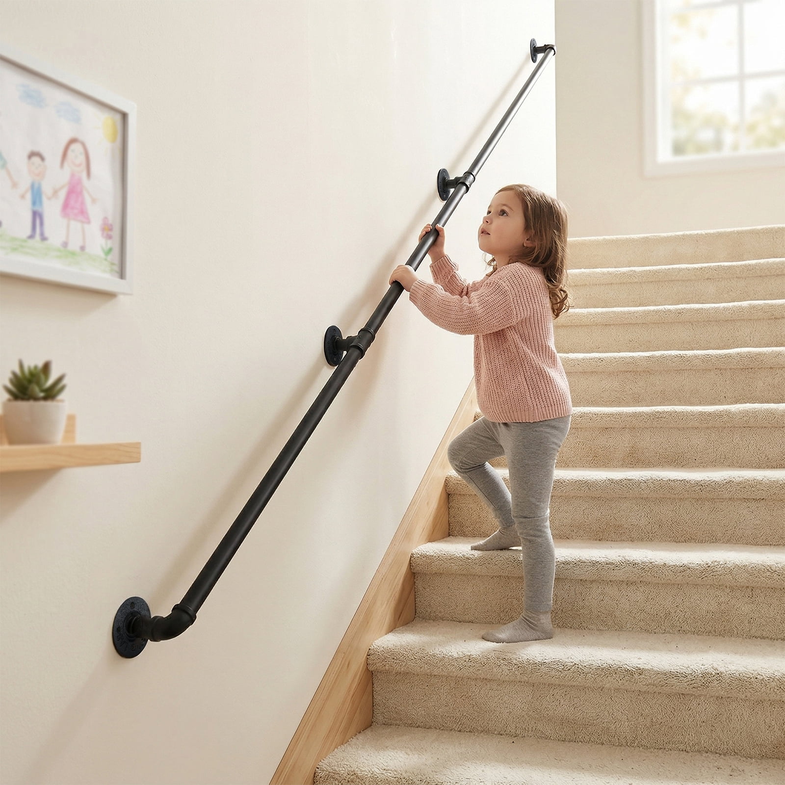 12ft Three-Section Iron Courtyard Stair Handrail, Black