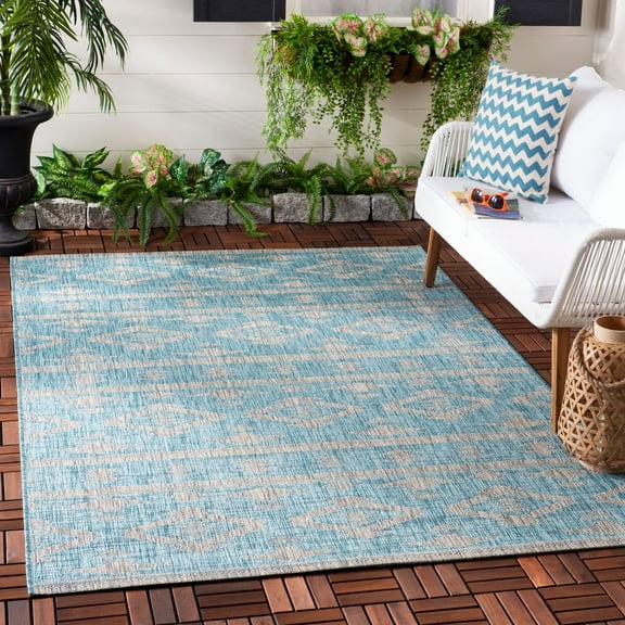 SAFAVIEH Courtyard April Southwestern Indoor/Outdoor Area Rug, 6'7" x 6'7" Square, Aqua/Grey