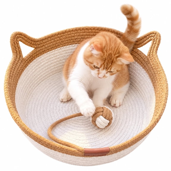 Handwoven Cotton Round Cat Bed, Dual Purpose Scratchable Semi-Enclosed Pet Basket with Built-in Cotton Play Ball & Portable Ear Handles for Indoor Cats