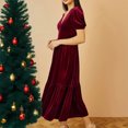 thumbnail image 4 of CharmCyan Women’s Velvet Midi Dress with Puff Short Sleeves V Neck Tiered Skirt and Relaxed Fit for Casual or Formal Wear Wine S, 4 of 6