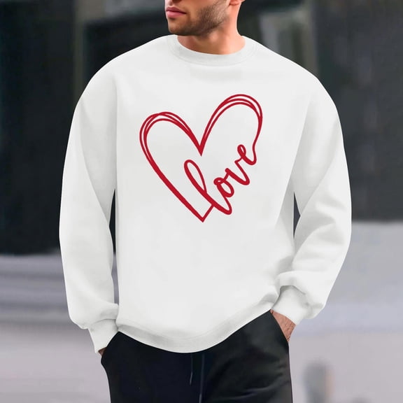 PNTUTB Fashion Men's Valentine's Day Heart Printed Casual Long Sleeved Round Neck Hoodless Pullover Sweatshirts