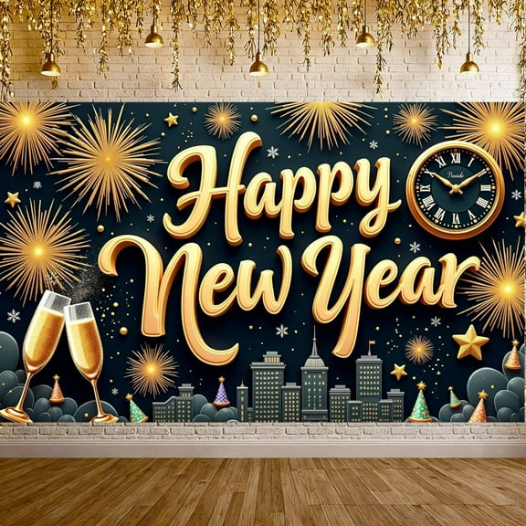 Golden Lettering Happy New Year Banner Firework Design New Year Display Clock Champagne Glasses Festive Backdrop for New Year Party Holiday Gathering Indoor Decoration