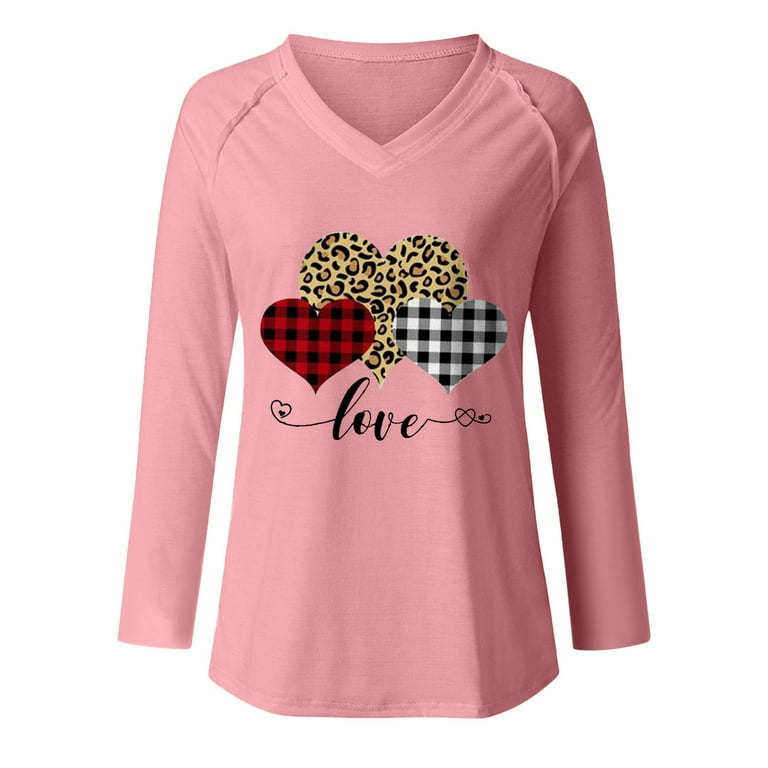 HAPIMO Rollbacks Valentine's Day Shirts for Women V-Neck Pullover Womens  Classic Cozy Blouse Couples Fashion Sweatshirt Valentine Heart Print Tops  Long Sleeve T-Shirt Pink XL 