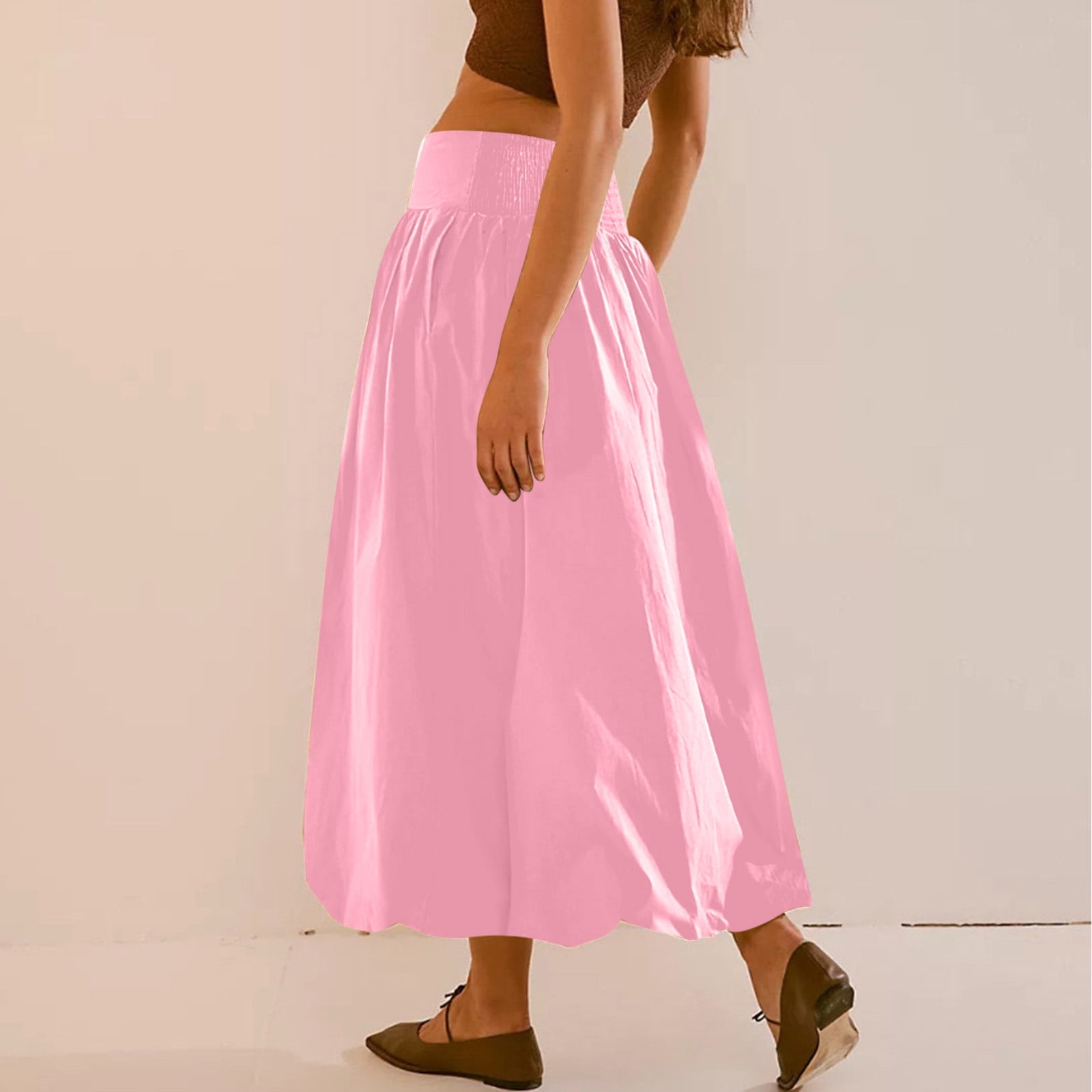 Women Bubble Maxi Skirt Summer Elastic High Waist a Line Long Skirt Casual Ruffle Pleated Midi Half Dress with Pockets M