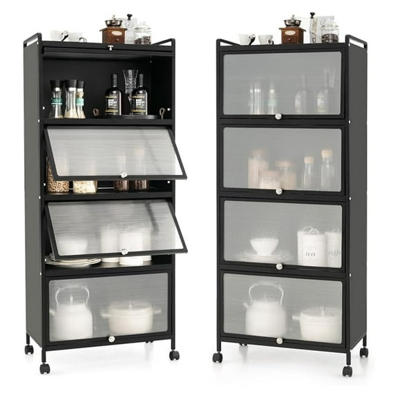 WDZS 5-Tier Kitchen Storage Cabinet, Mobile Microwave Stand with Flip-up PC Doors, Freestanding Kitchen Bakers Rack with 4 Rolling Casters, for Dining Room, Living Room and Study, Black