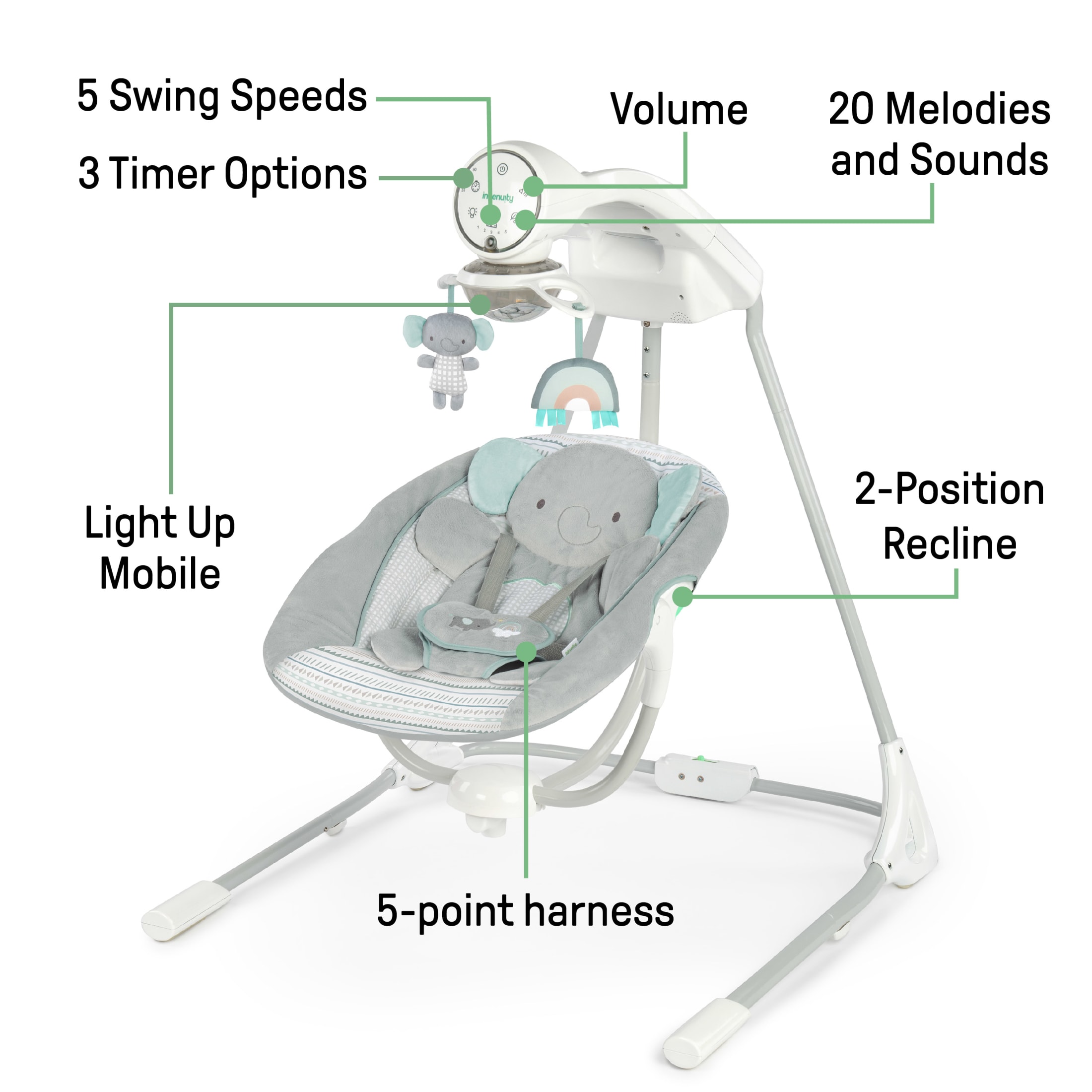 Ingenuity InLighten Motorized Baby Swing, Gray photo 4