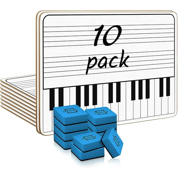 SCRIBBLEDO 10 Pack 11 x 14 Inch Piano Board Dry Erase White Boards Keyboard Double Sided Music Staff whiteboard for Kids Students, Musicians Music Class Supplies. (10 Erasers Included)