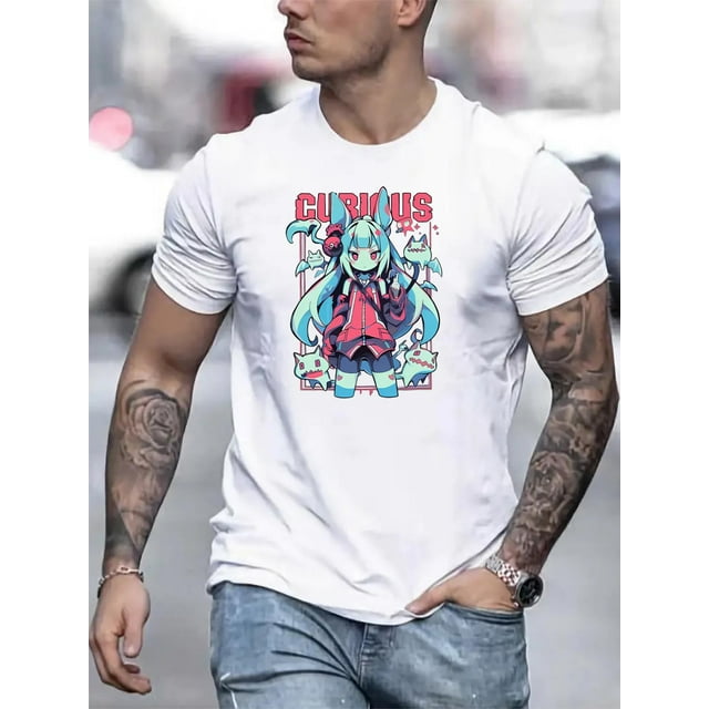 Anime-Inspired Girl Graphic Print T-Shirt, Casual 100% Cotton Knit Fabric, Crew Neck, Regular Fit with Slight Stretch, Short Sleeve Tee Tee For Adult, Men, Women, Teen, Teenager, Adolescent, Youth