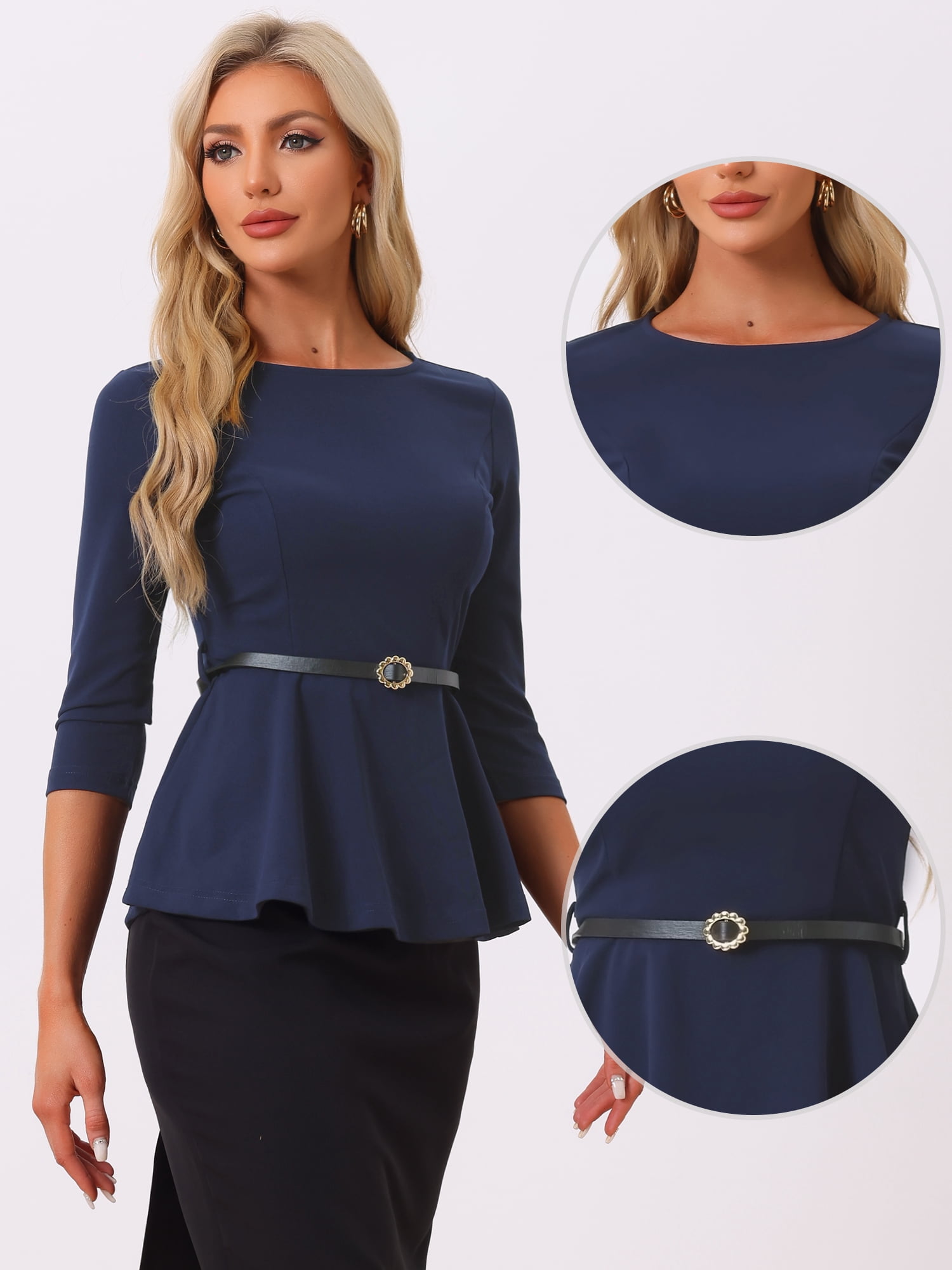 DARING DIVA 3/4 Sleeve Elegant Work Peplum Top XS Black XL Dark Blue