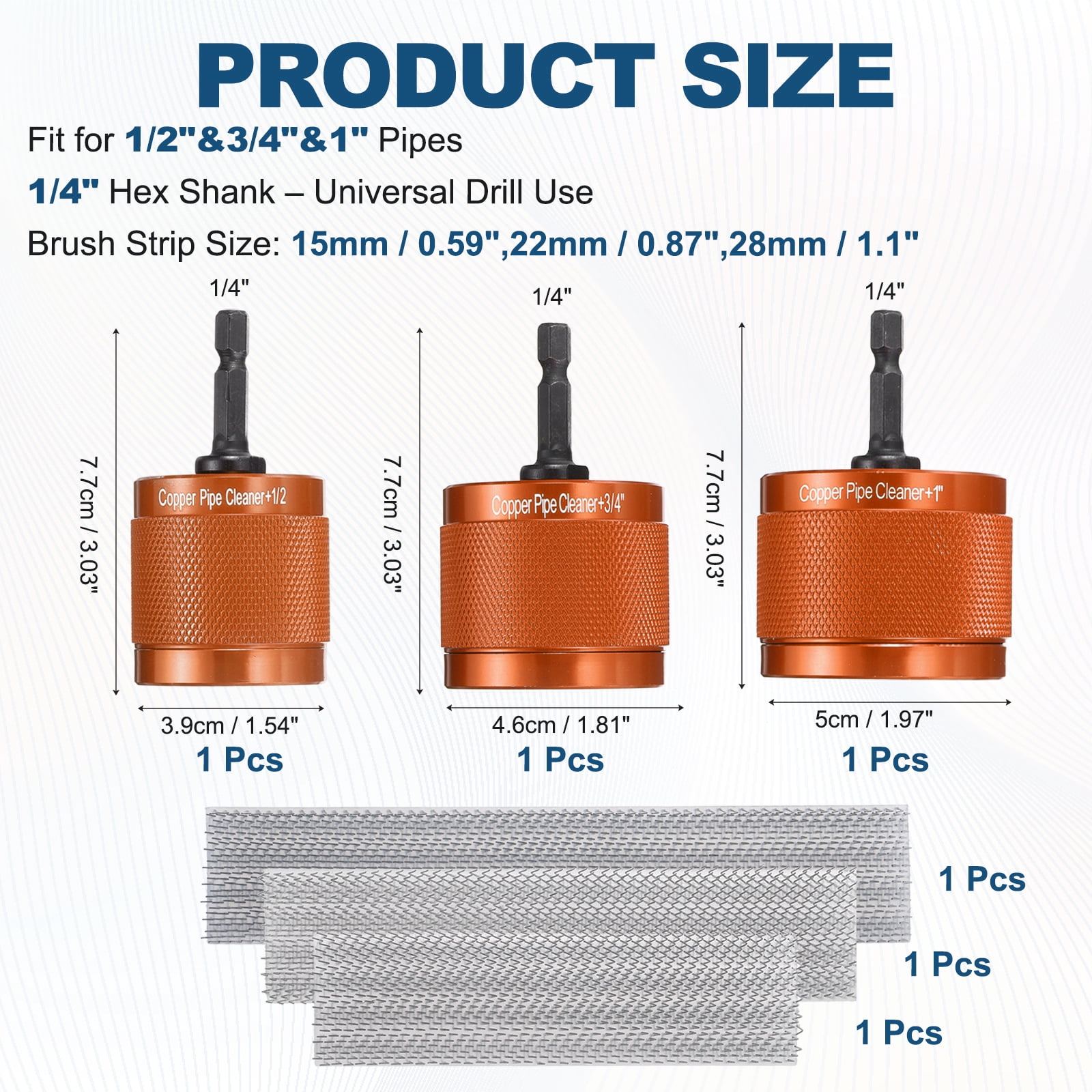 Uxcell 1/2"&3/4"&1" 1/4" Metal Copper Pipe Cleaner Set, Hex Drill Powered Pipe Brush Replacement Plumbing Tools with 3 Brushes for Removing Dust Rust Copper Various Metal Pipes, Red