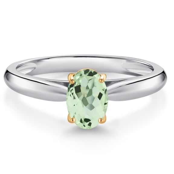 Gem Stone King 10K White and Yellow Gold Green Prasiolite Solitaire Engagement Ring for Women (0.75 Cttw, Oval 7X5MM, Gemstone Birthstone, Size 8)