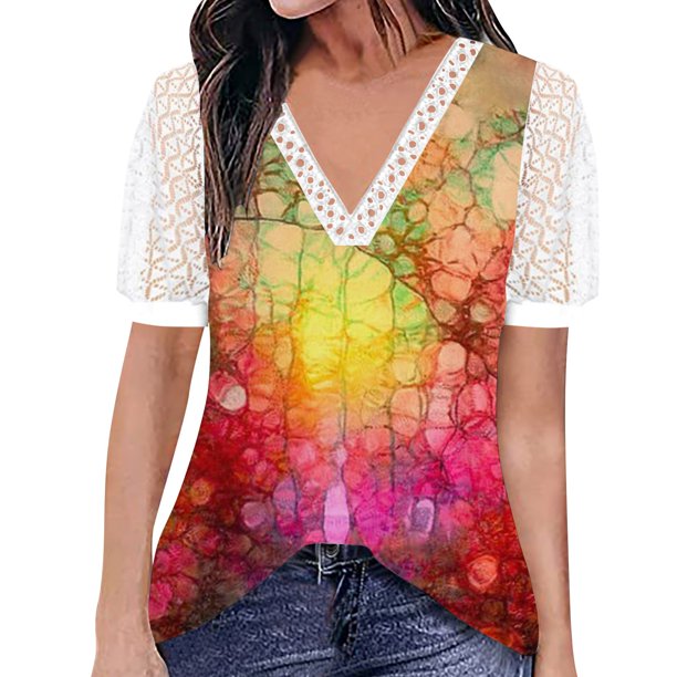 Gibobby Blusa Casual de Mujer Top manga corta con cuello en V encaje informal con estampado moda para mujer(Amarillo,XL)