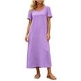 thumbnail image 4 of Women's Solid Round Neck Beach Dress Short Sleeve Vacation Skirt, 4 of 8