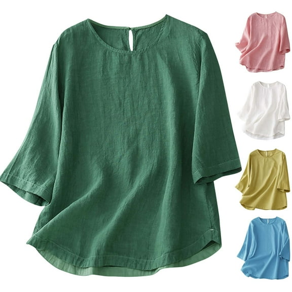 Hvyesh Women Plus Size Cotton Linen Tops Lightweight 3/4 Sleeve T-Shirts Slim Fit Round Neck Top Precio bajo