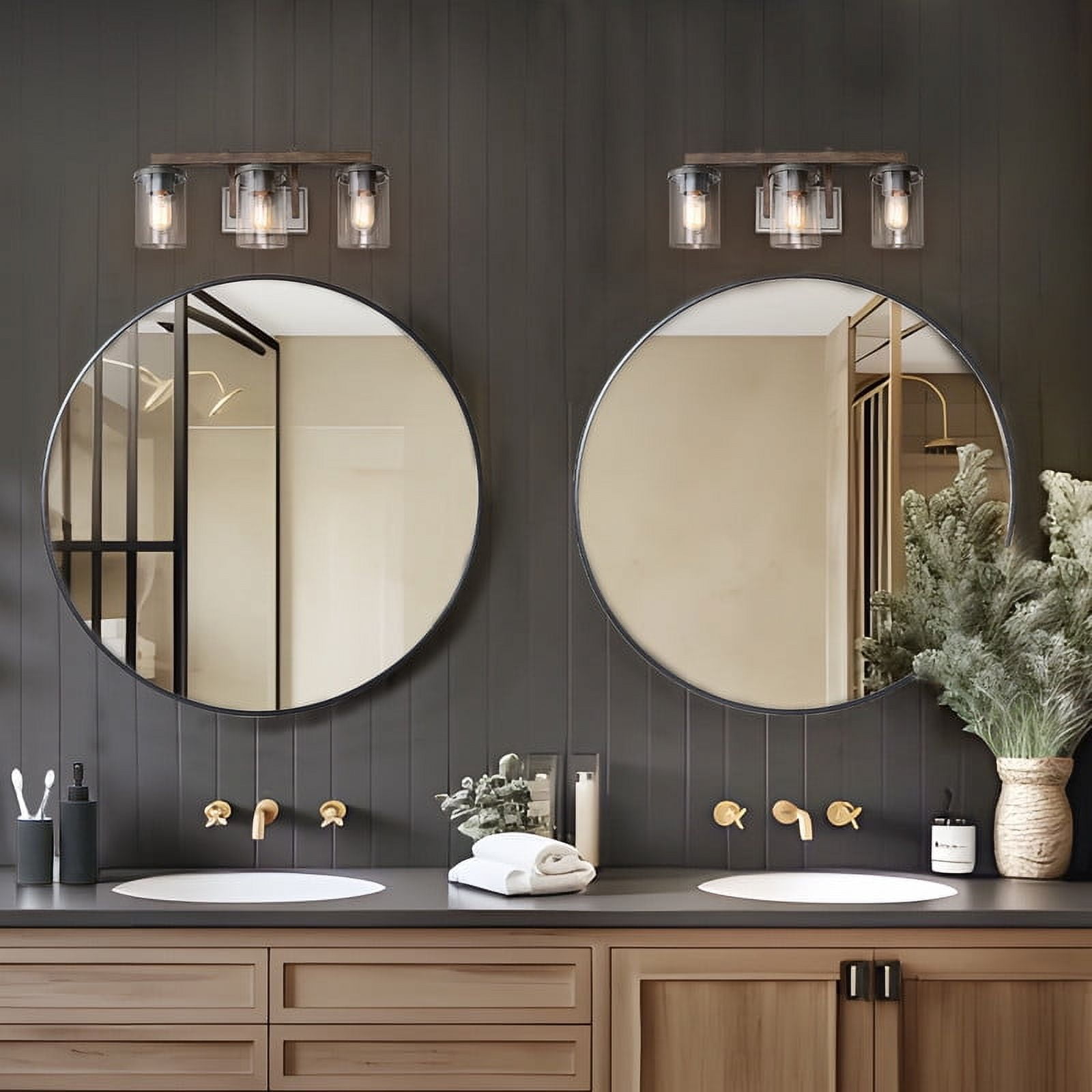 LNC Farmhouse 3-Light Vanity Light with Wood and Glass, 20-Inch Rustic Bathroom Fixture