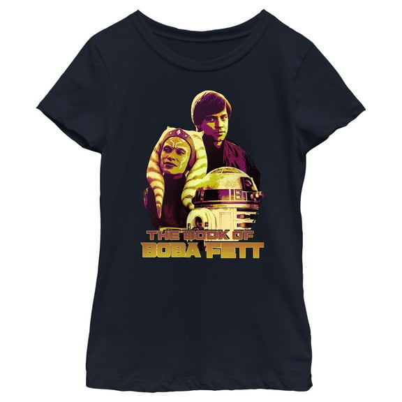 Girl's Star Wars: The Book of Boba Fett R2-D2, Skywalker, Tano Old Friends Graphic Tee Navy Blue Small