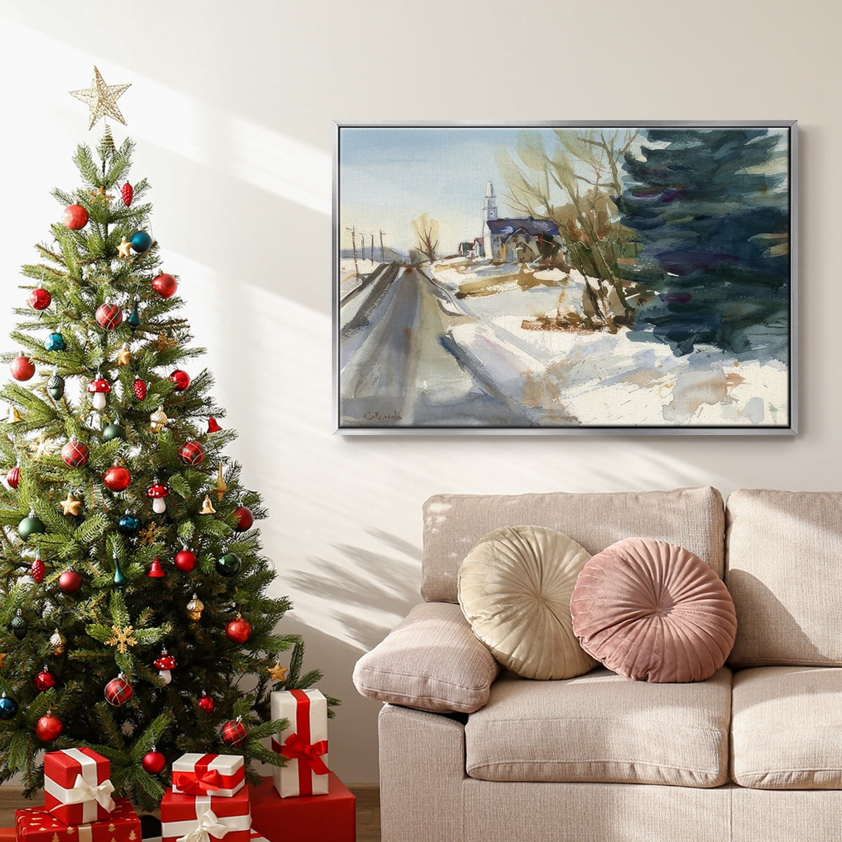 Congregational Church in Winter - Framed Gallery Wrapped Holiday Canvas - 25 x 37 - Silver Frame