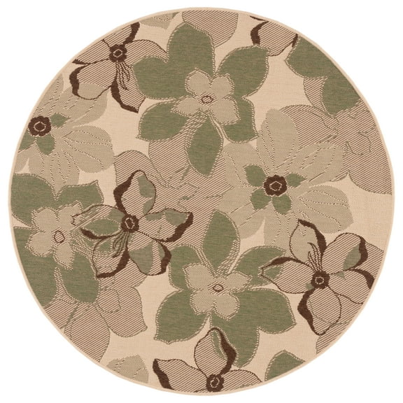 SAFAVIEH Courtyard Qendro Floral Indoor/Outdoor Area Rug, Natural Brown/Olive, 5'3" x 5'3" Round