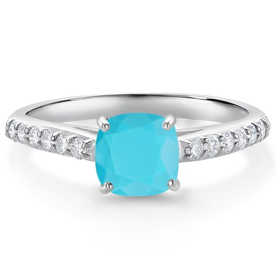 Gem Stone King 10K White Gold Green Turquoise and White Lab Grown Diamond Engagement Ring for Women (1.08 Cttw, Gemstone, Cushion 6MM, Size 9)