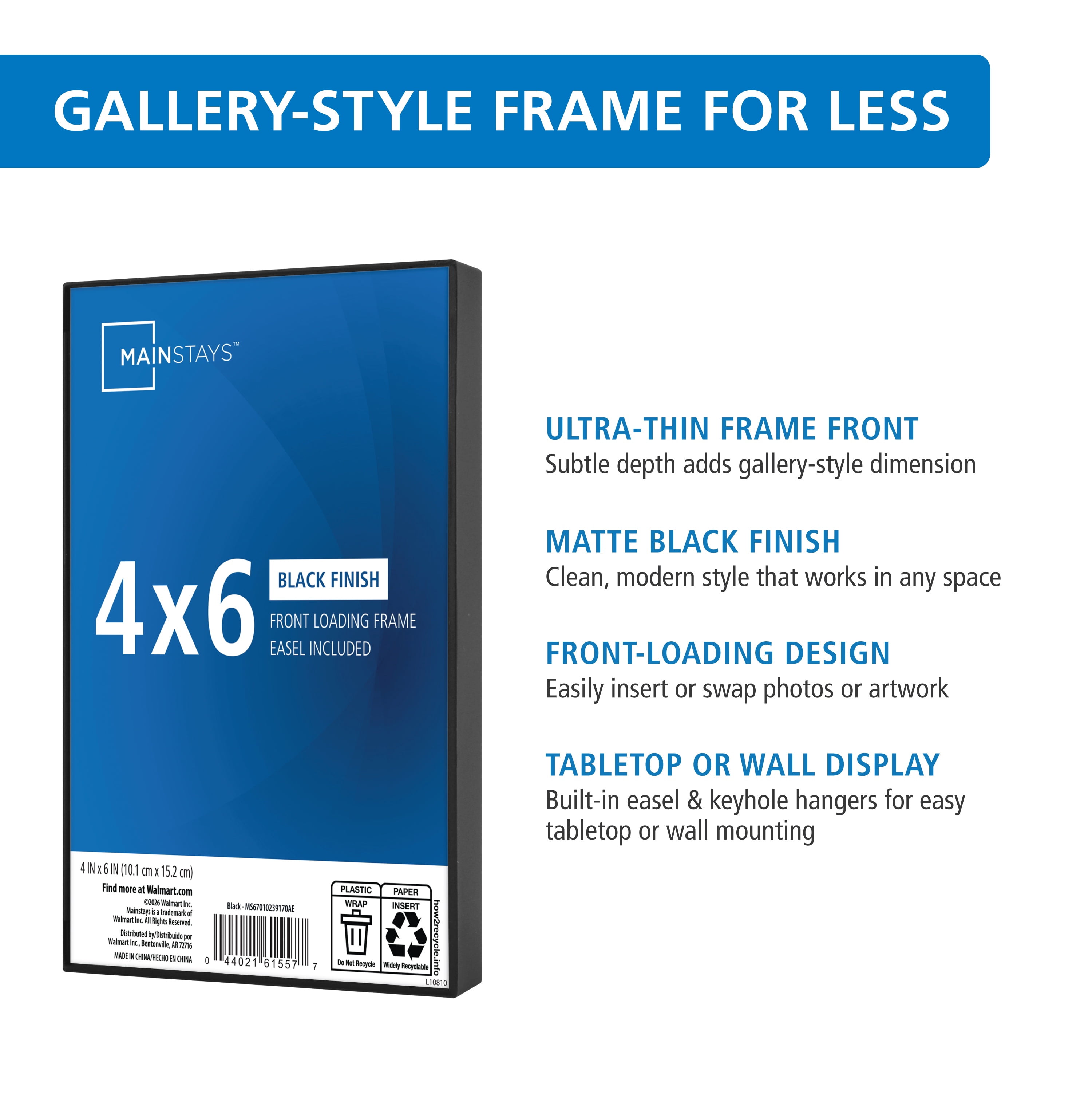 Mainstays 4x6 Picture Frame Black Front Loading Wall or Tabletop Photo Frame
