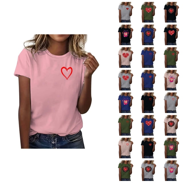 T-shirt Femme Saint-Valentin 2026 Manches Courtes Col Rond Graphique Cœur d'Amour