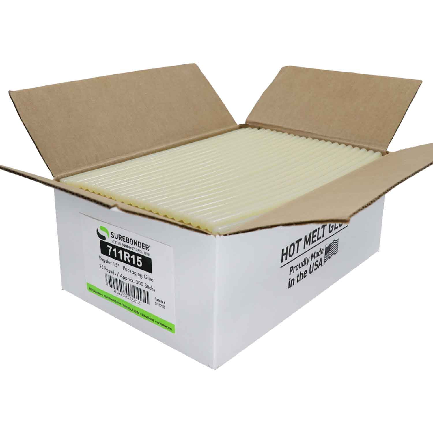 711R15 Fast Set Packaging Hot Melt Glue Sticks - 7/16" x 15" | 25 lb Box