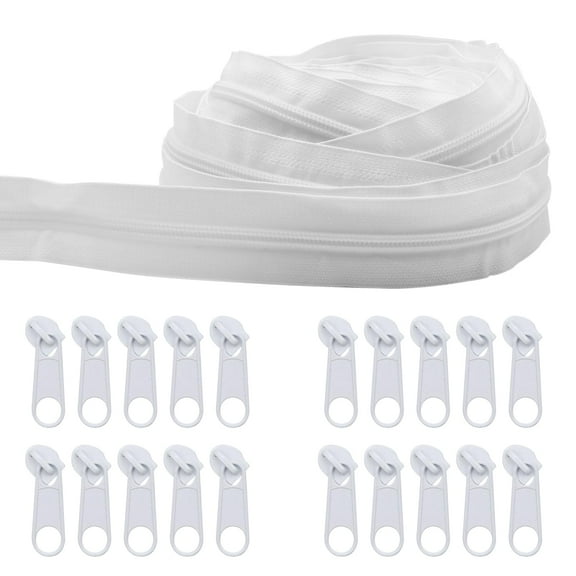 Vegcoo 14m Durable Nylon Zipper by the Meter with 20 Sliders, Sewing Accessories for DIY Clothing and Repairs (White)
