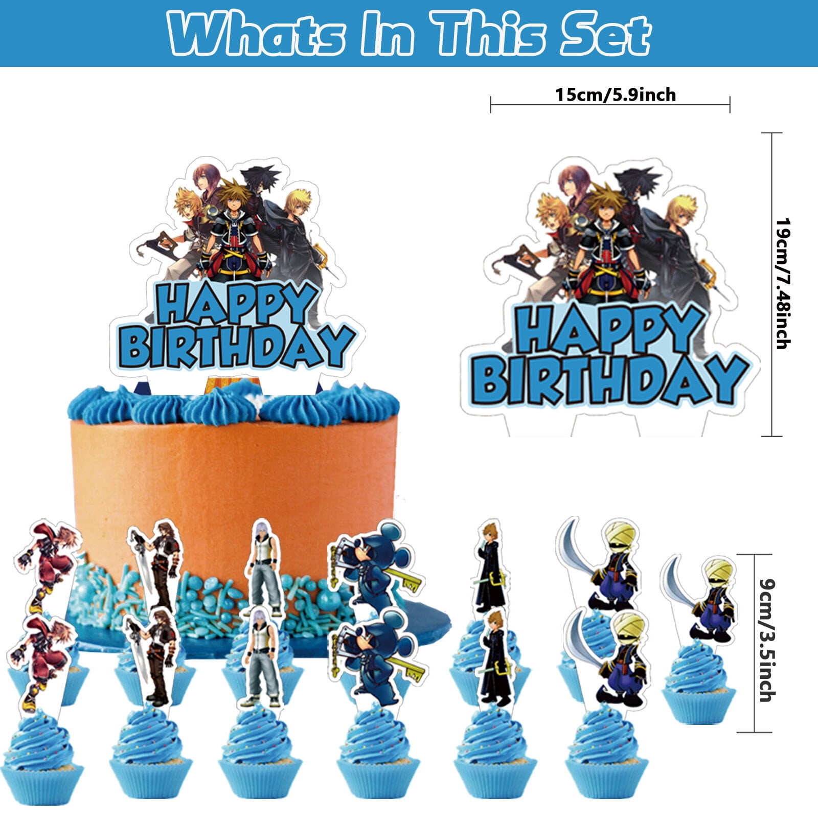 32 Pcs For Kingdom Hearts Cartoon-Themed Party Decorations and Favors Set – Backdrop, 13 Cupcake Toppers, and 18 Balloons for Celebration Birthday Parties