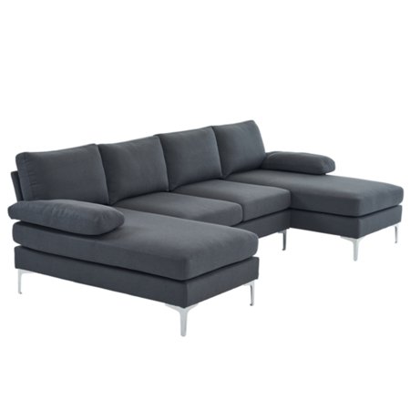 Dark Gray Indoor Modular U-Shaped 4-Seat Linen Sofa with Wooden Frame Iron Back Frame and Silver Feet - 280*130*85