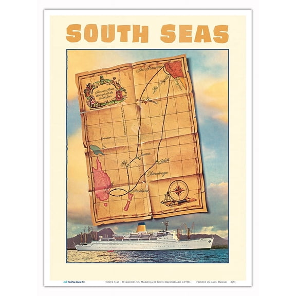 South Seas - Steamships S.S. Mariposa - S.S. Monterey - Vintage Ocean Liner Travel Poster by Louis Macouillard c.1950s - Master Art Print (Unframed) 9in x 12in