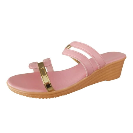 

Jungdeepe Ladies Summer Casual Shiny Leather Thick Bottom Outer Wear Beach Slope Heel Big Size Sandal Slippers