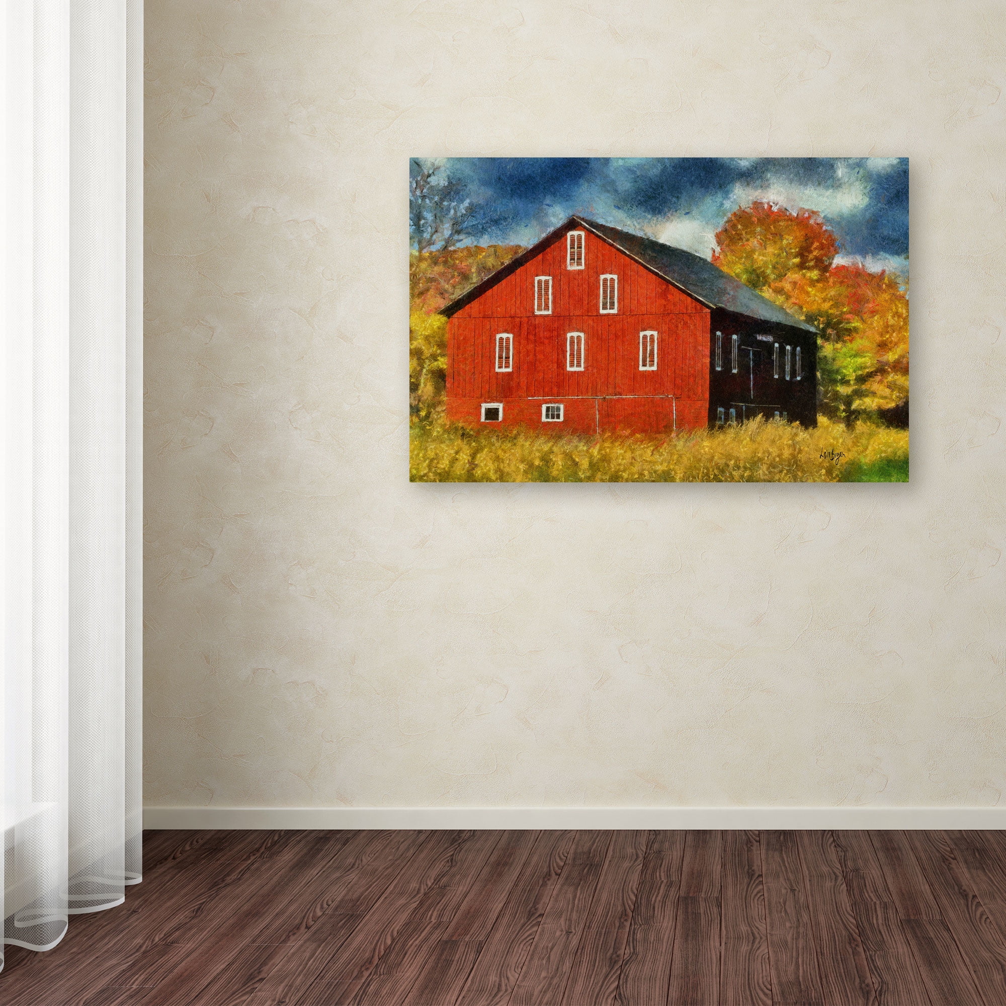 Trademark Fine Art "Red Barn In Autumn" Canvas Art by Lois Bryan