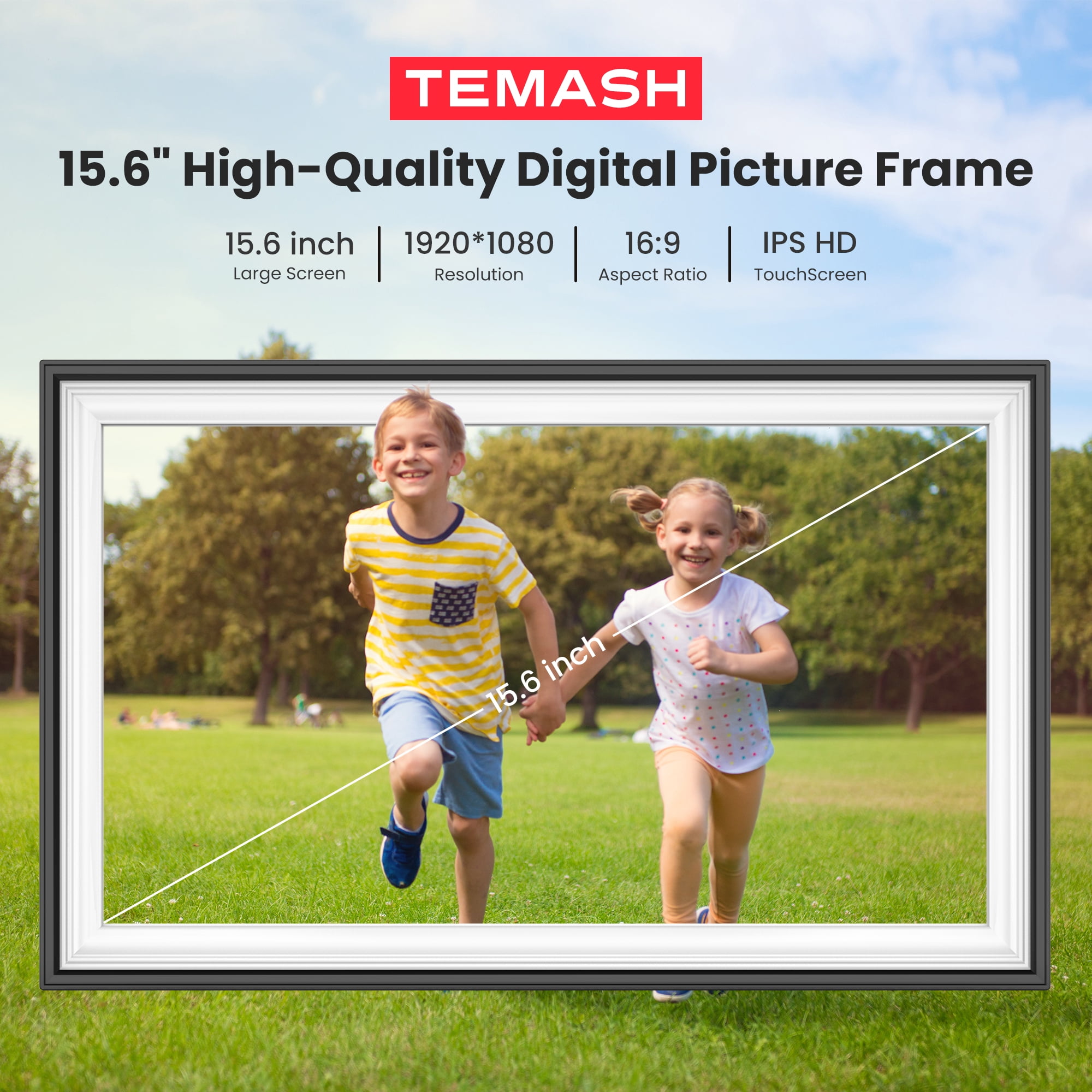 64GB Frameo Digital Picture Frame, TEMASH 15.6 Inch Large Digital Photo Frame WiFi, 1920*1080 FHD IPS Touchscreen Auto Rotate, Easy to Share Photos Videos, Black with White Mat