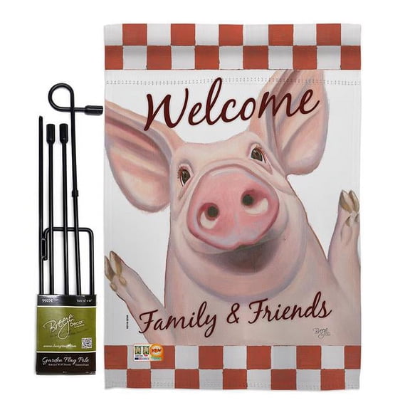 Breeze Decor BD-FA-GS-110125-IP-BO-D-US18-WA 13 x 18.5 in. Welcome Piggy Nature Farm Animals Vertical Double Sided Mini Garden Flag Set with Banner Pole