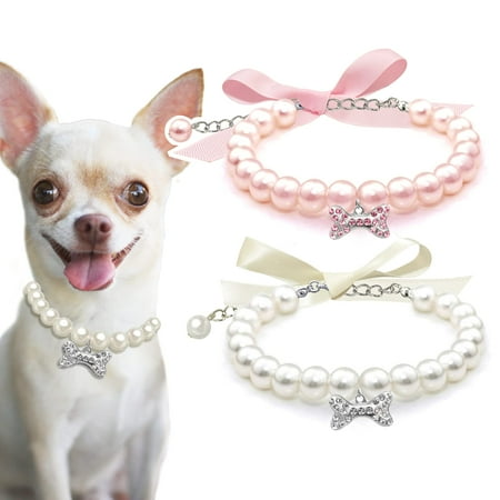 Casidoxi 2 Pcs Dog Cat Pearl Collar Necklace with Rhinestone Bone  Fancy Cat Wedding Collar Jewelry for Girl Cat Puppy Dogs Accessories(Pink+White)