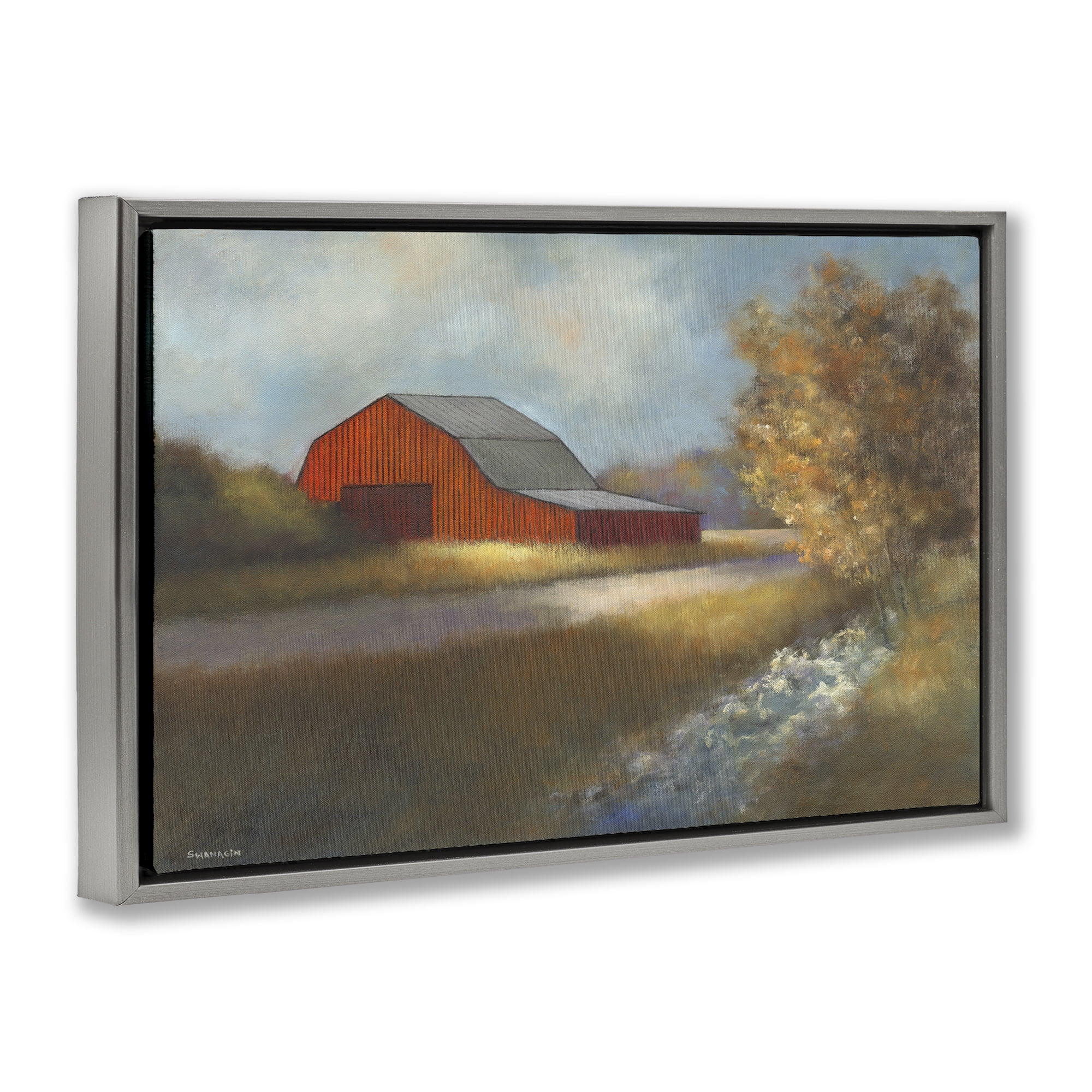 Stupell Industries Traditional Red Barn Landscape Painting Gray Floater Framed Canvas Art Print Wall Art, 25 x 17
