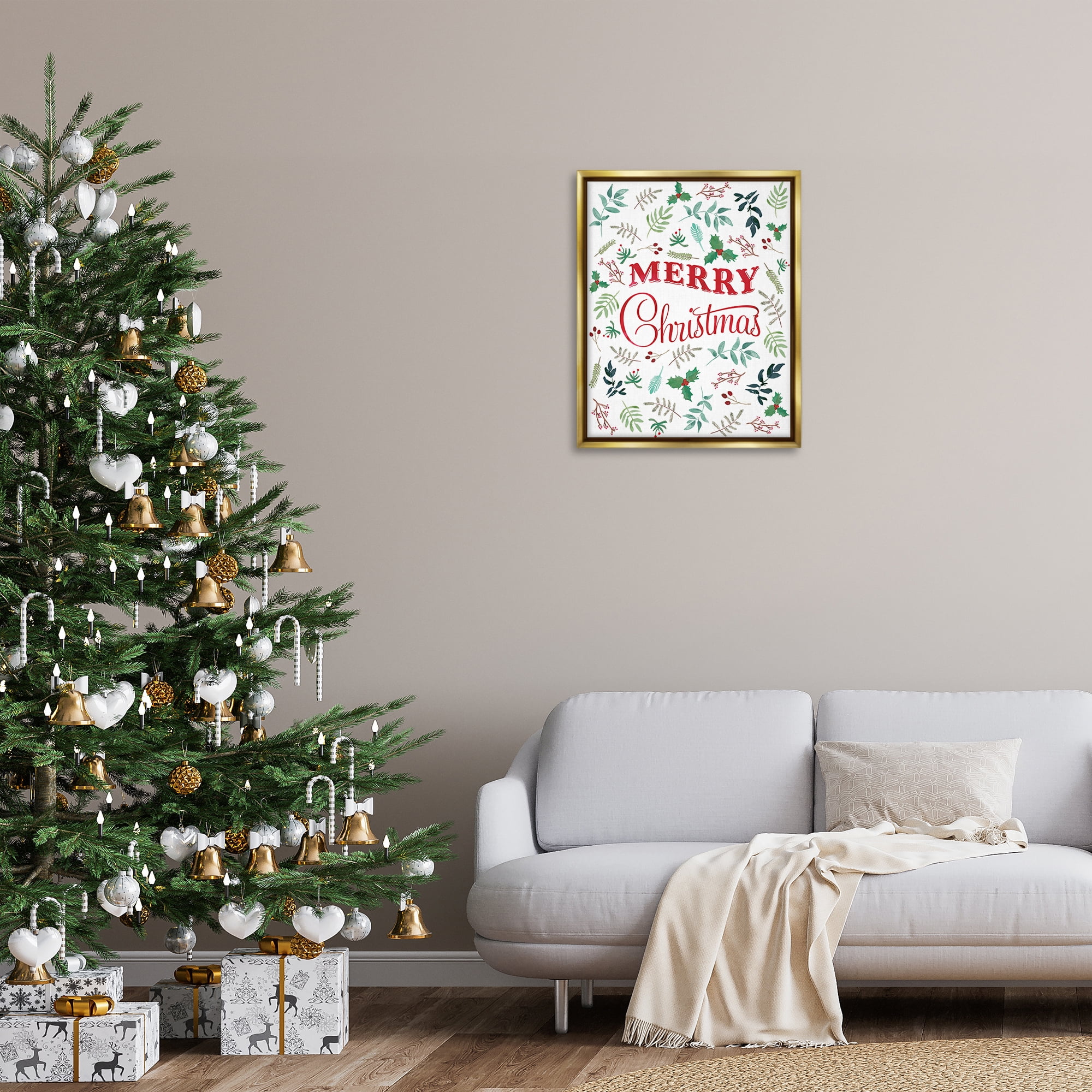 Stupell Industries Christmas Botanicals Pattern Holiday Painting Gold Floater Framed Canvas Art Prints Wall Art, 25 x 31