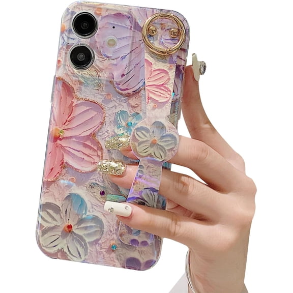 siduater for iPhone 16 Case for Girls Women | Colorful Retro Oil Painting Flower Phone Cover with Adjustable Grip Loop Strap Handle Kickstand, Floral Pink