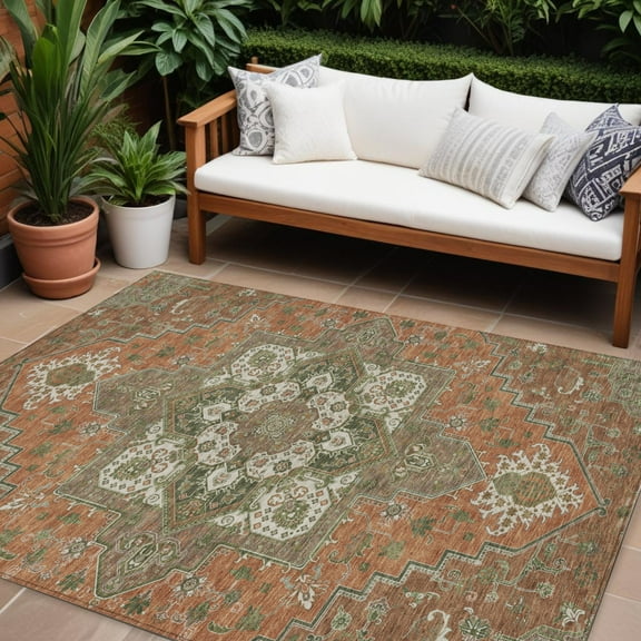 8' X 10' Rust Green And Brown Oriental Washable Indoor Outdoor Area Rug