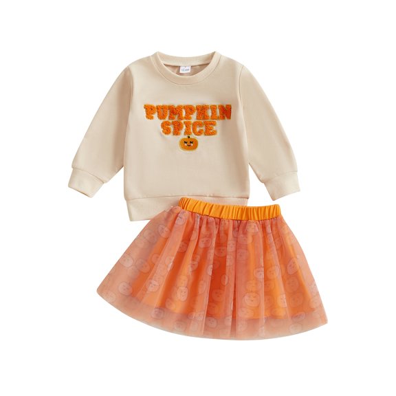 Toddler Kids Girls Halloween 2PCS Skirt Outfits 12 18 24 Months 2T 3T 4T 5T Long Sleeve Letter Pumpkin/Letter Ghost Embroidery Tops Tulle Skirt Clothing Set