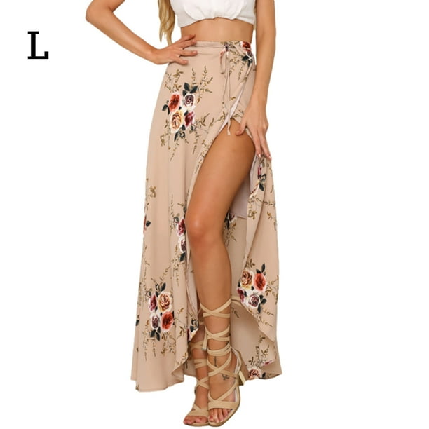 Falda larga con estampado floral Mujer Ropa de verano Falda con cordones con abertura, gris rosa, L kenally AP001656-03